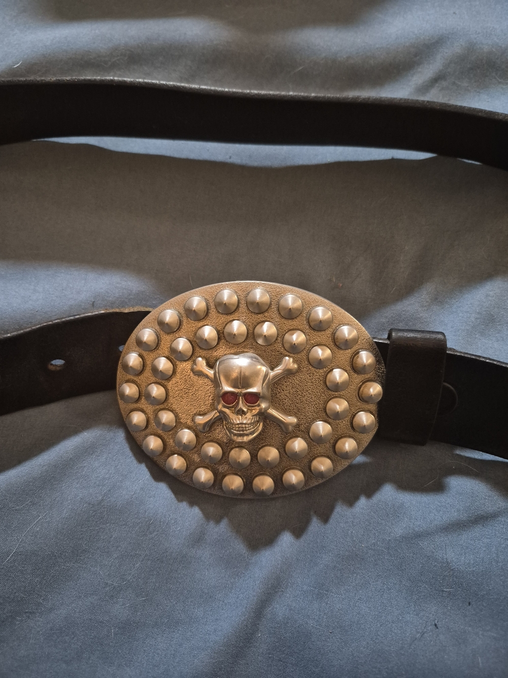 Nine West Black Leather Belt with Silver Skull Studded Buckle